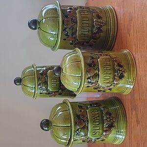 LOS ANGELES POTTERY Vintage 1967 Mid Century Olive Green Fruits Canister Set